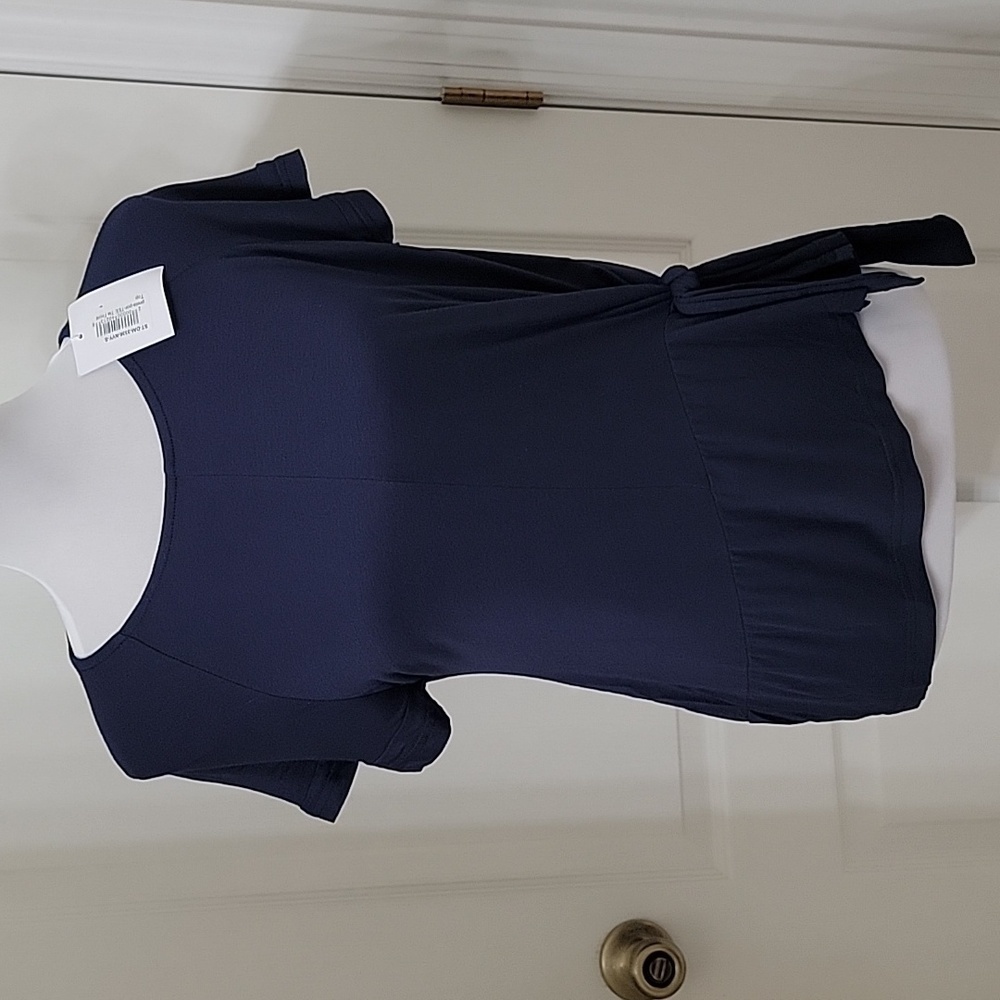 Pret-A-PorTEE Size S Navy Blue Side Front Tie T Shirt with Wide Ruffle-ish Hem